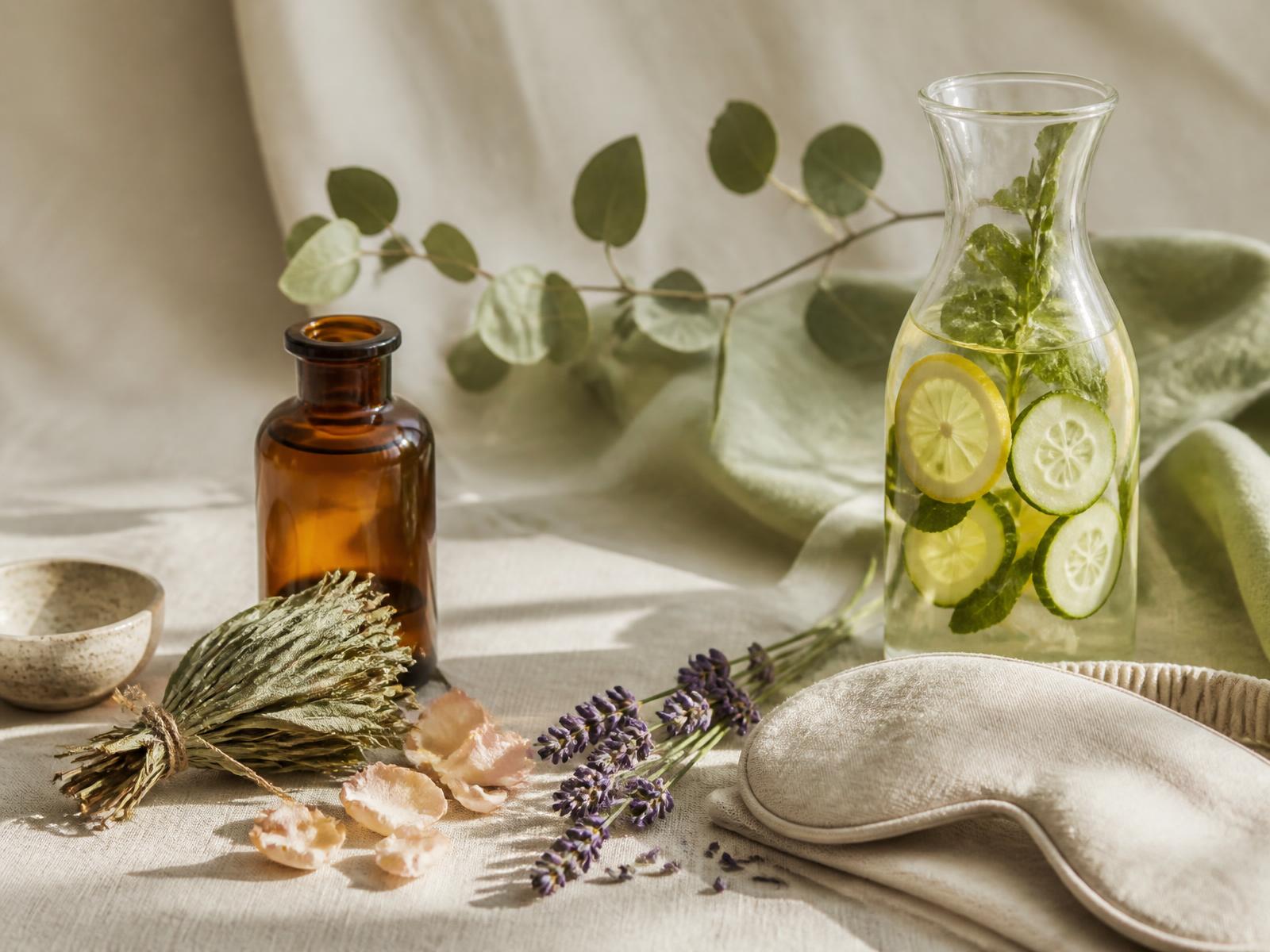 Apothecary jar filled with deep green botanical tablets and herbal specimen